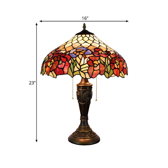 Grazia - Victorian Barn Shade Pull-Chain Night Light Victorian Stained Floral Glass 2-Bulb Bronze Table Lamp for Living Room