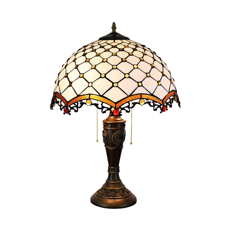 Christelle - White White Glass Fishscale Table Light Baroque Style 2 Lights Bronze Night Lamp with Pull Chain for Sitting Room