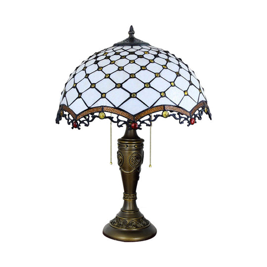 Baroque Style White Glass Fishscale Table Light With Bronze Finish 2 Lights And Pull Chain - Perfect