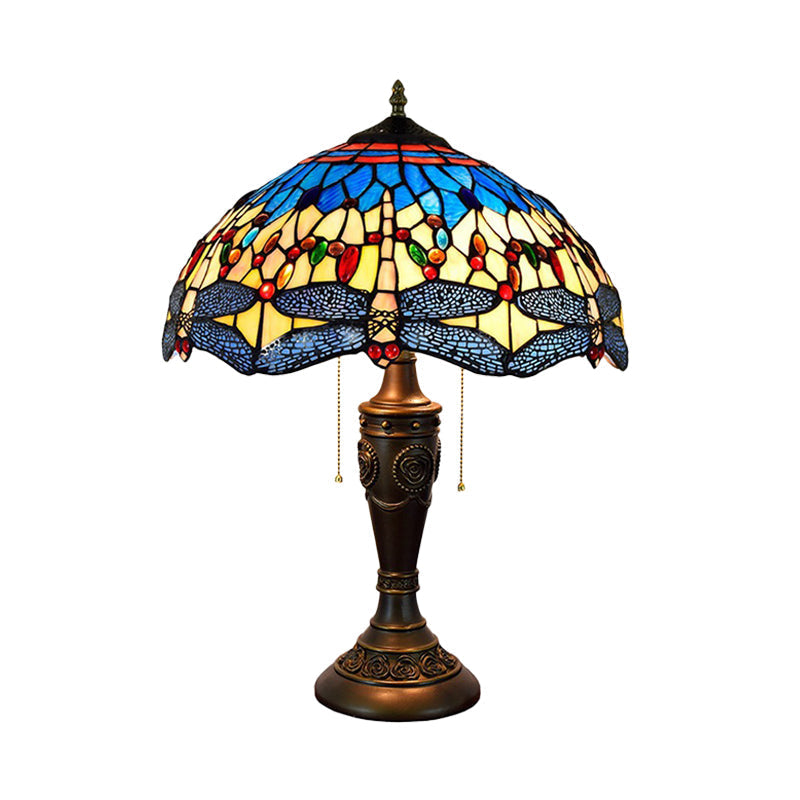 Mediterranean Dragonfly Jeweled Table Lamp - Blue-Green/Yellow-Blue Glass Nightstand Light With Pull