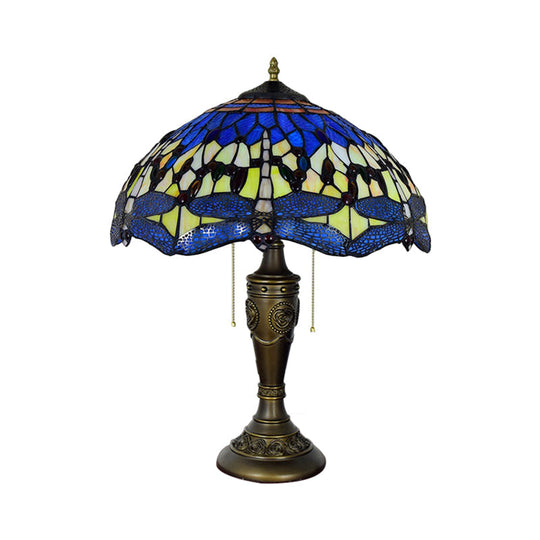 Mediterranean Dragonfly Jeweled Table Lamp - Blue-Green/Yellow-Blue Glass Nightstand Light With Pull