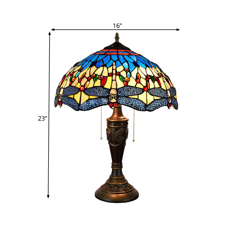 Mediterranean Dragonfly Jeweled Table Lamp - Blue-Green/Yellow-Blue Glass Nightstand Light With Pull