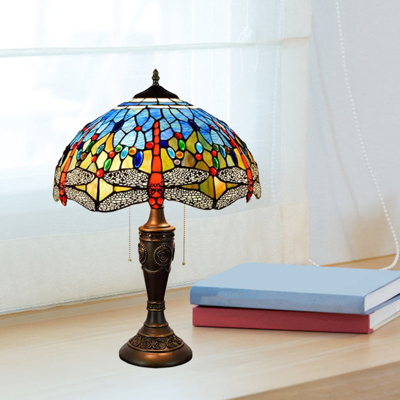 Mediterranean Dragonfly Jeweled Table Lamp - Blue-Green/Yellow-Blue Glass Nightstand Light With Pull