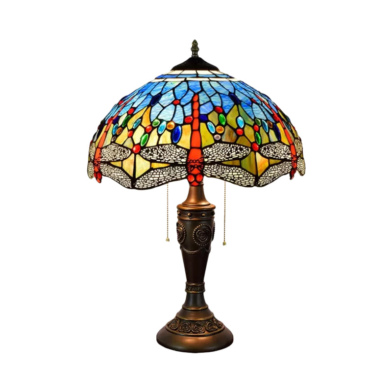 Mediterranean Dragonfly Jeweled Table Lamp - Blue-Green/Yellow-Blue Glass Nightstand Light With Pull