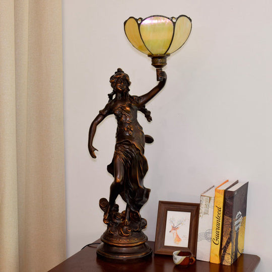 Emily - Tiffany Yellow/White-Brown Glass Table Lamp with Greek Woman Statue -