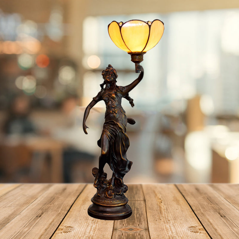 Emily - Tiffany Yellow/White-Brown Glass Table Lamp with Greek Woman Statue -