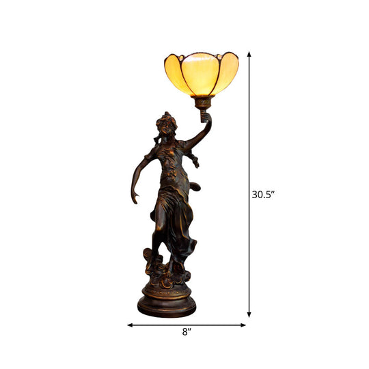 Emily - Tiffany Yellow/White-Brown Glass Table Lamp with Greek Woman Statue -