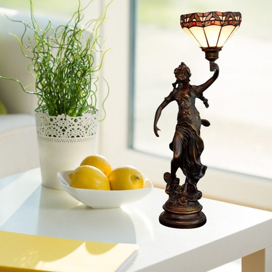 Emily - Tiffany Yellow/White-Brown Glass Table Lamp with Greek Woman Statue -