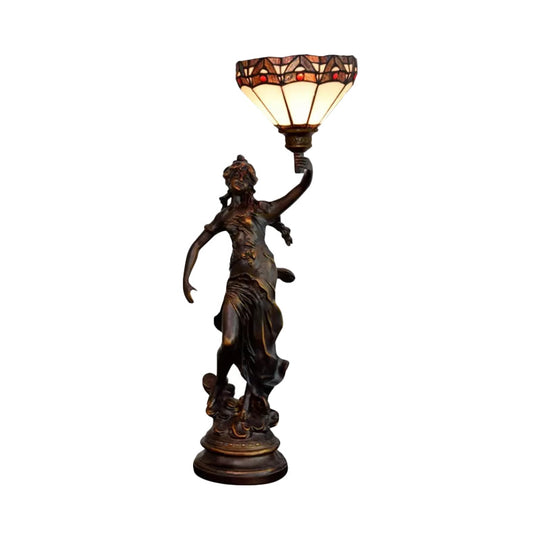 Emily - Tiffany Yellow/White-Brown Glass Table Lamp with Greek Woman Statue -