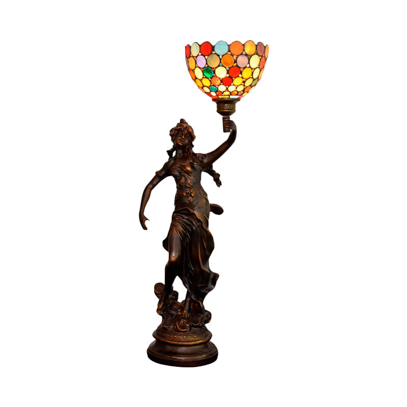 Woman Holding Torch Tiffany Stained Glass Coffee Night Lamp