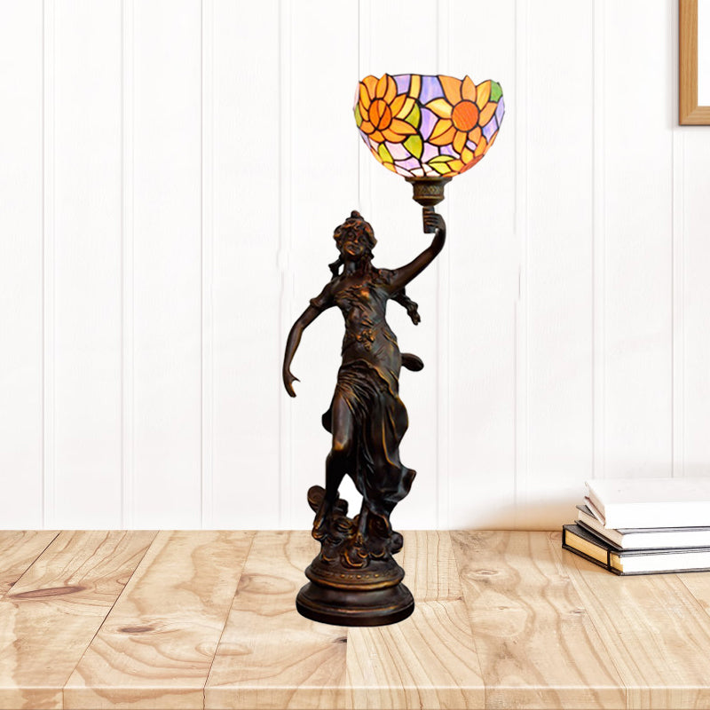 1-Light Inverted Bell Table Lamp With Tiffany Sunflower Glass And Girl Pedestal - Orange/Yellow/Blue