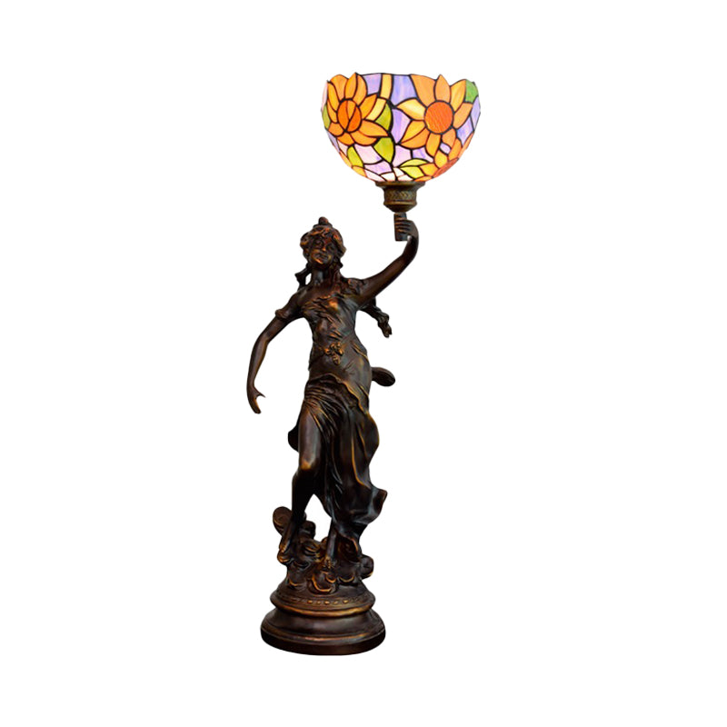 1-Light Inverted Bell Table Lamp With Tiffany Sunflower Glass And Girl Pedestal - Orange/Yellow/Blue