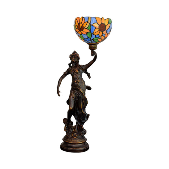 1-Light Inverted Bell Table Lamp With Tiffany Sunflower Glass And Girl Pedestal - Orange/Yellow/Blue