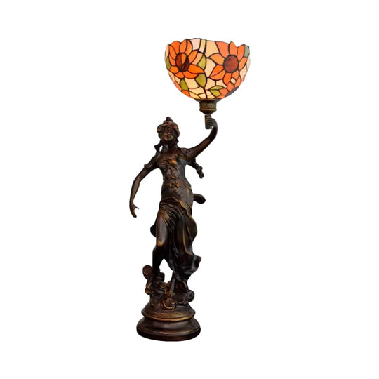 1-Light Inverted Bell Table Lamp With Tiffany Sunflower Glass And Girl Pedestal - Orange/Yellow/Blue