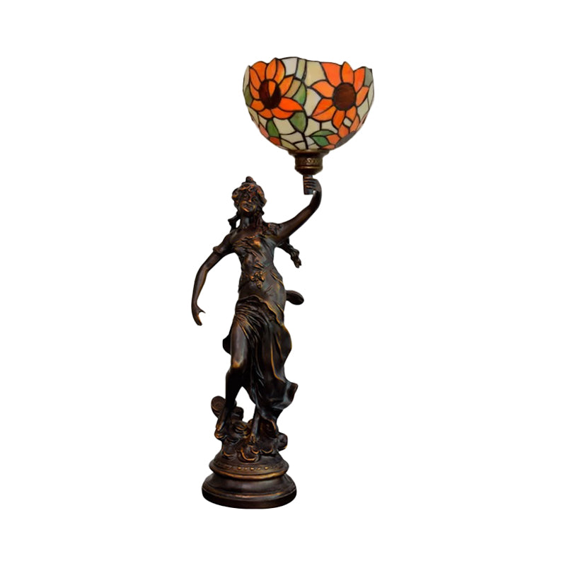 1-Light Inverted Bell Table Lamp With Tiffany Sunflower Glass And Girl Pedestal - Orange/Yellow/Blue