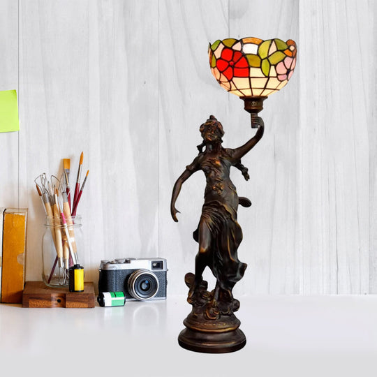 Raelynn - Resin Resin Torchiere Table Light Tiffany 1 Bulb Bronze Nightstand Lamp with Red-Yellow/Blue/Red Flower Glass Shade