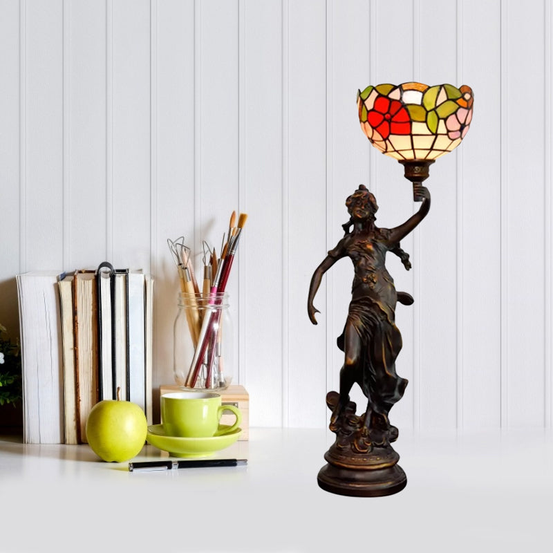 Raelynn - Resin Resin Torchiere Table Light Tiffany 1 Bulb Bronze Nightstand Lamp with Red-Yellow/Blue/Red Flower Glass Shade