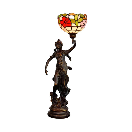 Raelynn - Resin Resin Torchiere Table Light Tiffany 1 Bulb Bronze Nightstand Lamp with Red-Yellow/Blue/Red Flower Glass Shade