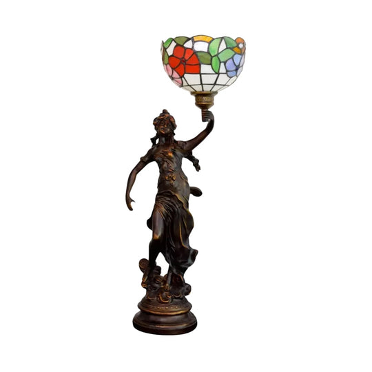 Tiffany Resin Torchiere Table Lamp With Floral Glass Shade - Bronze Nightstand Light