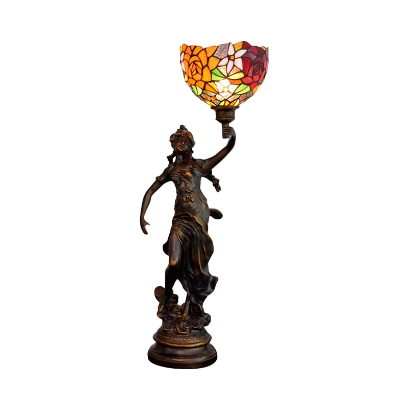 Bronze Angel Statue Night Stand Light - White-Green/Orange/Green Floral Glass Tiffany Table Lighting