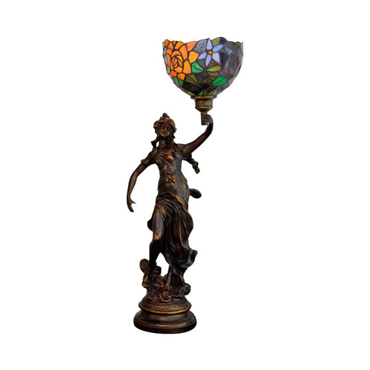 Bronze Angel Statue Night Stand Light - White-Green/Orange/Green Floral Glass Tiffany Table Lighting