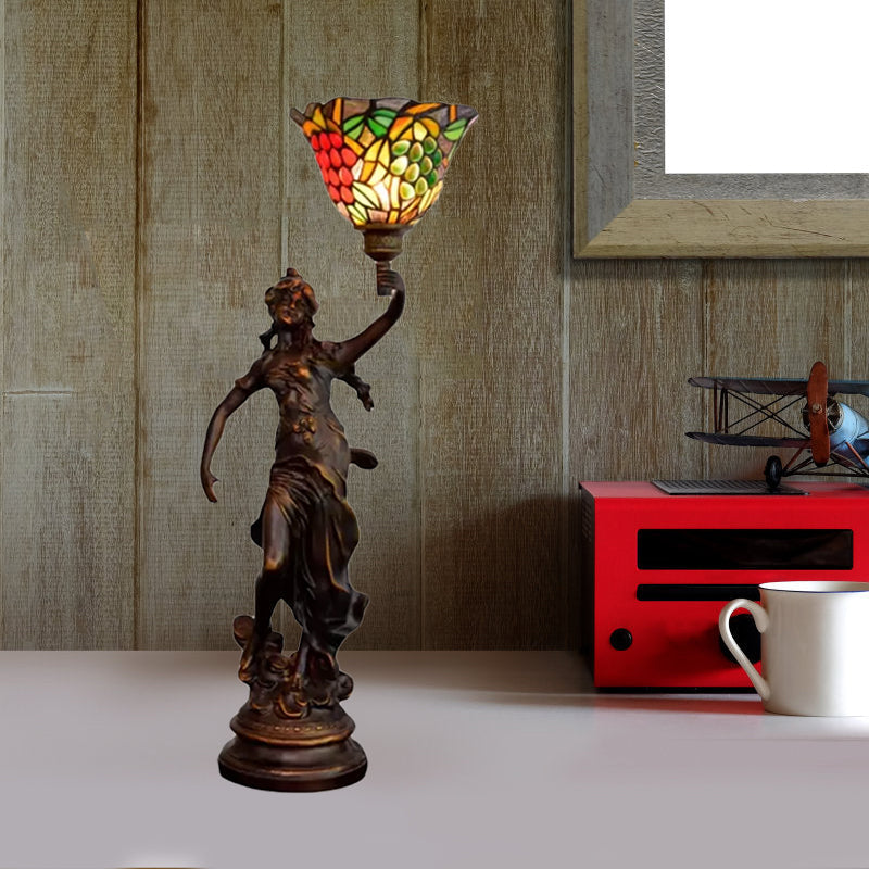 Bronze Angel Statue Night Stand Light - White-Green/Orange/Green Floral Glass Tiffany Table Lighting