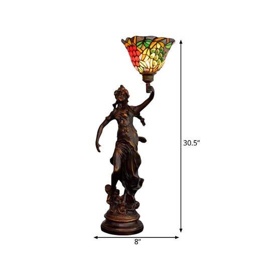 Bronze Angel Statue Night Stand Light - White-Green/Orange/Green Floral Glass Tiffany Table Lighting