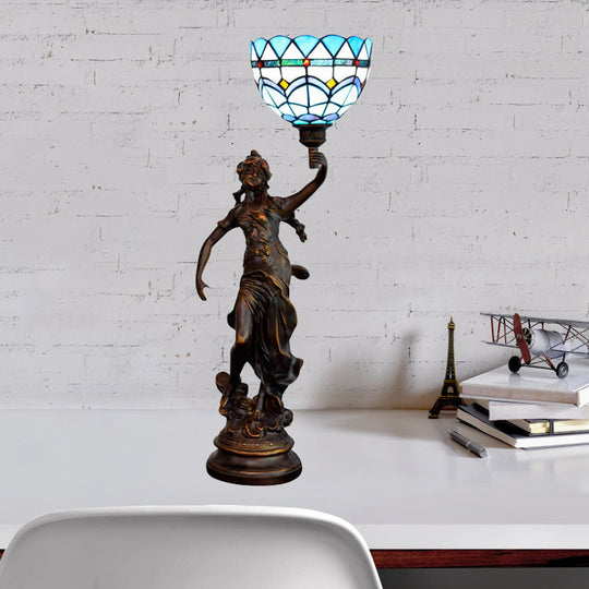 Ryleigh - Tiffany-Style Angel Girl Table Lamp: Single-Bulb Blue and White/Beige