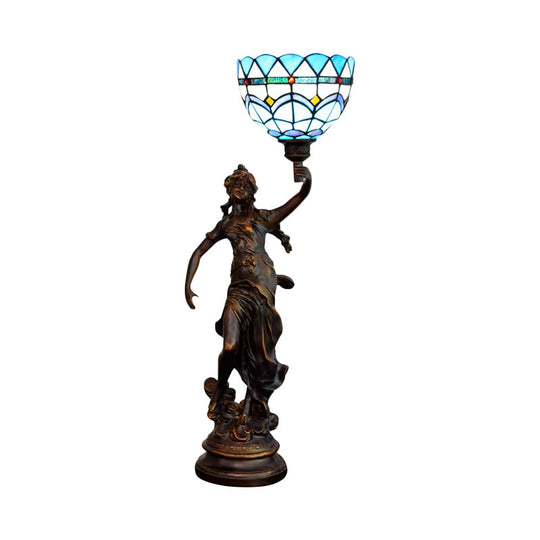 Ryleigh - Tiffany-Style Angel Girl Table Lamp: Single-Bulb Blue and White/Beige