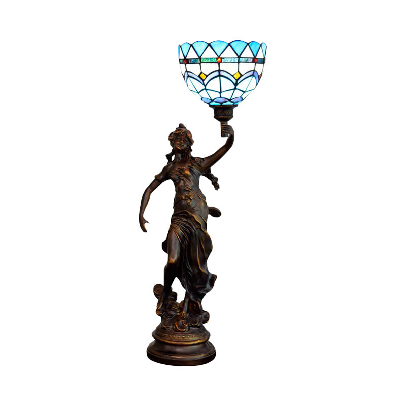 Tiffany-Style Angel Girl Table Lamp In Blue And White/Beige Cut Glass For Bedroom Nightstand