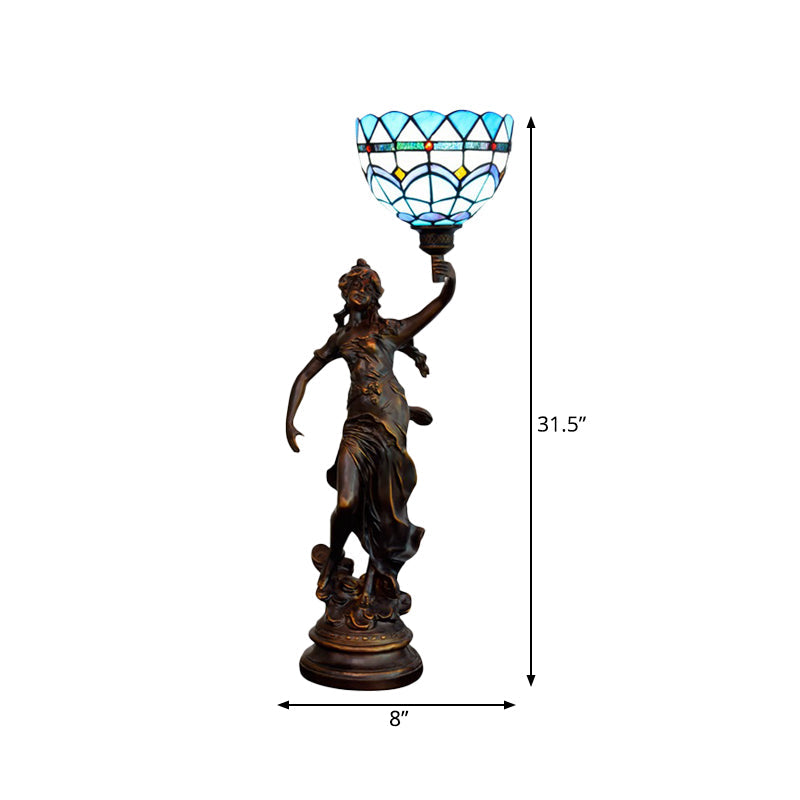 Ryleigh - Tiffany-Style Angel Girl Table Lamp: Single-Bulb Blue and White/Beige