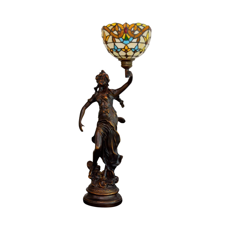 Tiffany-Style Angel Girl Table Lamp In Blue And White/Beige Cut Glass For Bedroom Nightstand