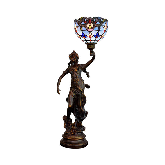 Gatria - Bronze Bronze Women Sculpture Night Lamp Victorian Style 1 Head Resin Table Light with Blue-White/Blue Tiffany Glass Shade