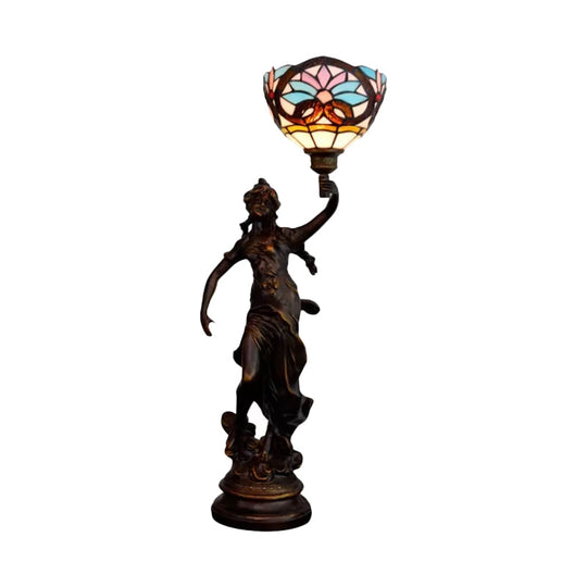 Gatria - Bronze Bronze Women Sculpture Night Lamp Victorian Style 1 Head Resin Table Light with Blue-White/Blue Tiffany Glass Shade