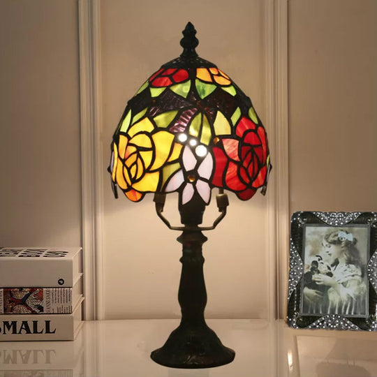 Aubrey - Baroque 1 Head Rose Patterned Night Lamp Baroque Dark Coffee Stained Art Glass Nightstand Light with Bowl Shade