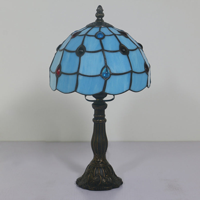 Blue Glass Lattice Bowl Table Lamp - Mediterranean Bronze Gem Patterned Desk Lighting For Bedroom