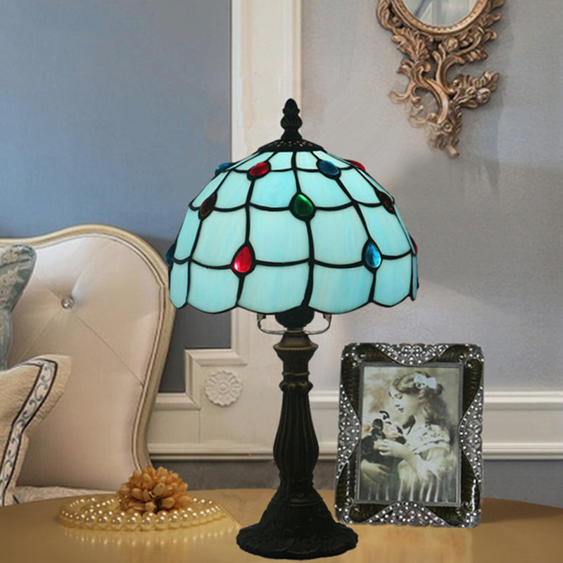 Corinne - Blue Blue Glass Lattice Bowl Table Lighting Mediterranean 1 Head Bronze Gem Patterned Desk Lighting for Bedroom