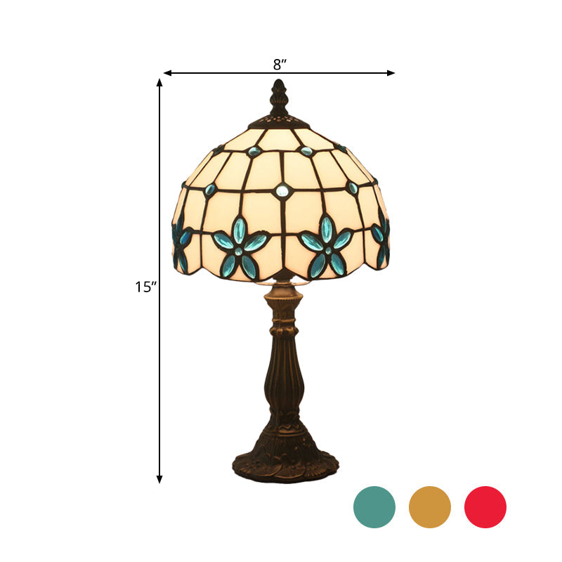 Victorian Lattice Glass Table Lamp - White Bowl Design 1 Light Red/Yellow/Blue Floral Pattern