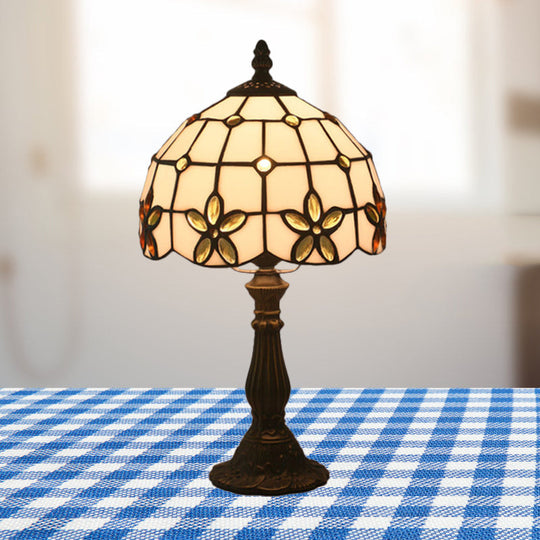 Victorian Lattice Glass Table Lamp - White Bowl Design 1 Light Red/Yellow/Blue Floral Pattern