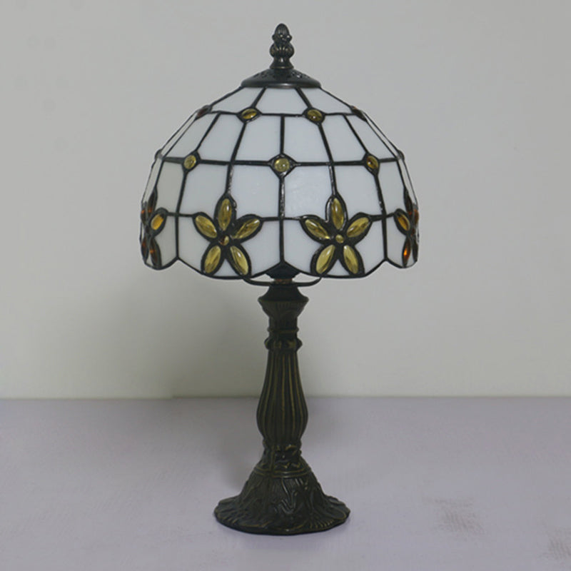 Victorian Lattice Glass Table Lamp - White Bowl Design 1 Light Red/Yellow/Blue Floral Pattern