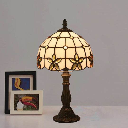 Victorian Lattice Glass Table Lamp - White Bowl Design 1 Light Red/Yellow/Blue Floral Pattern