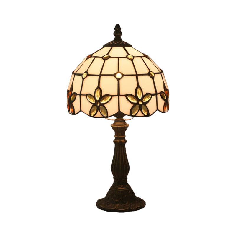 Victorian Lattice Glass Table Lamp - White Bowl Design 1 Light Red/Yellow/Blue Floral Pattern