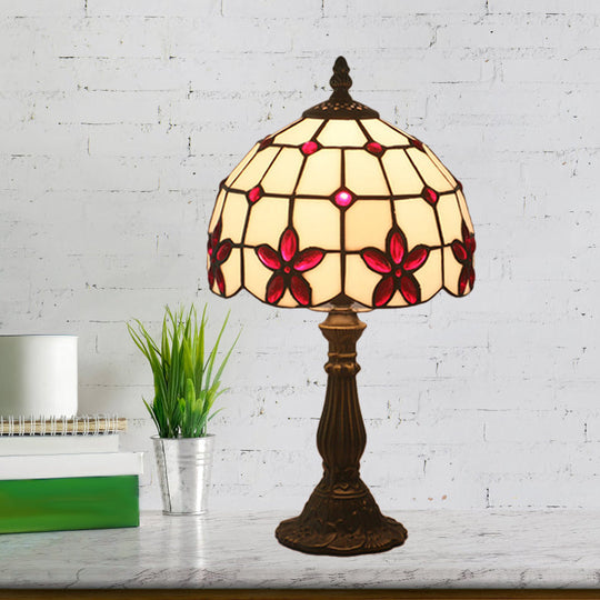 Victorian Lattice Glass Table Lamp - White Bowl Design 1 Light Red/Yellow/Blue Floral Pattern