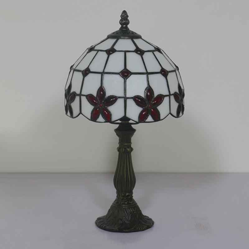 Victorian Lattice Glass Table Lamp - White Bowl Design 1 Light Red/Yellow/Blue Floral Pattern