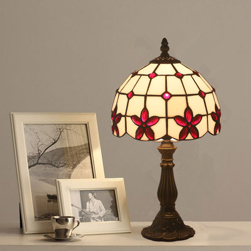 Victorian Lattice Glass Table Lamp - White Bowl Design 1 Light Red/Yellow/Blue Floral Pattern