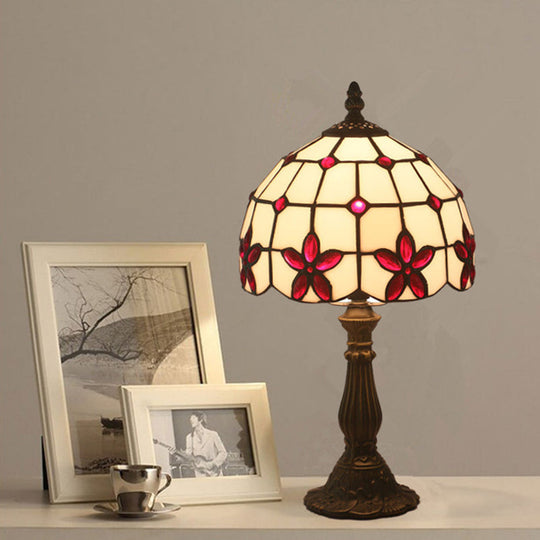 Victorian Lattice Glass Table Lamp - White Bowl Design 1 Light Red/Yellow/Blue Floral Pattern