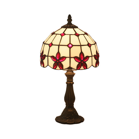 Victorian Lattice Glass Table Lamp - White Bowl Design 1 Light Red/Yellow/Blue Floral Pattern