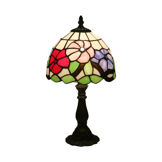 Tiffany Bronze Petal Patterned Nightstand Light With Stained Glass Shade