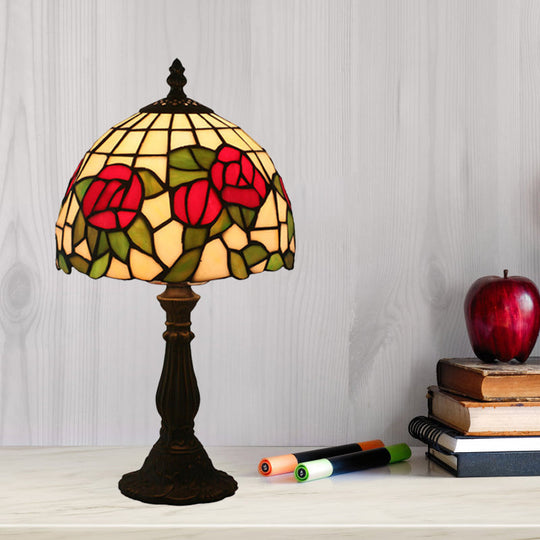 1-Light Baroque Style Stained Art Glass Nightstand Light With Bloom Pattern In Red/Pink For Bedroom