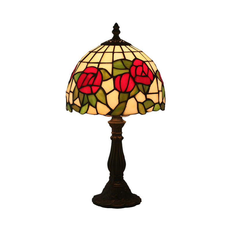 1-Light Baroque Style Stained Art Glass Nightstand Light With Bloom Pattern In Red/Pink For Bedroom